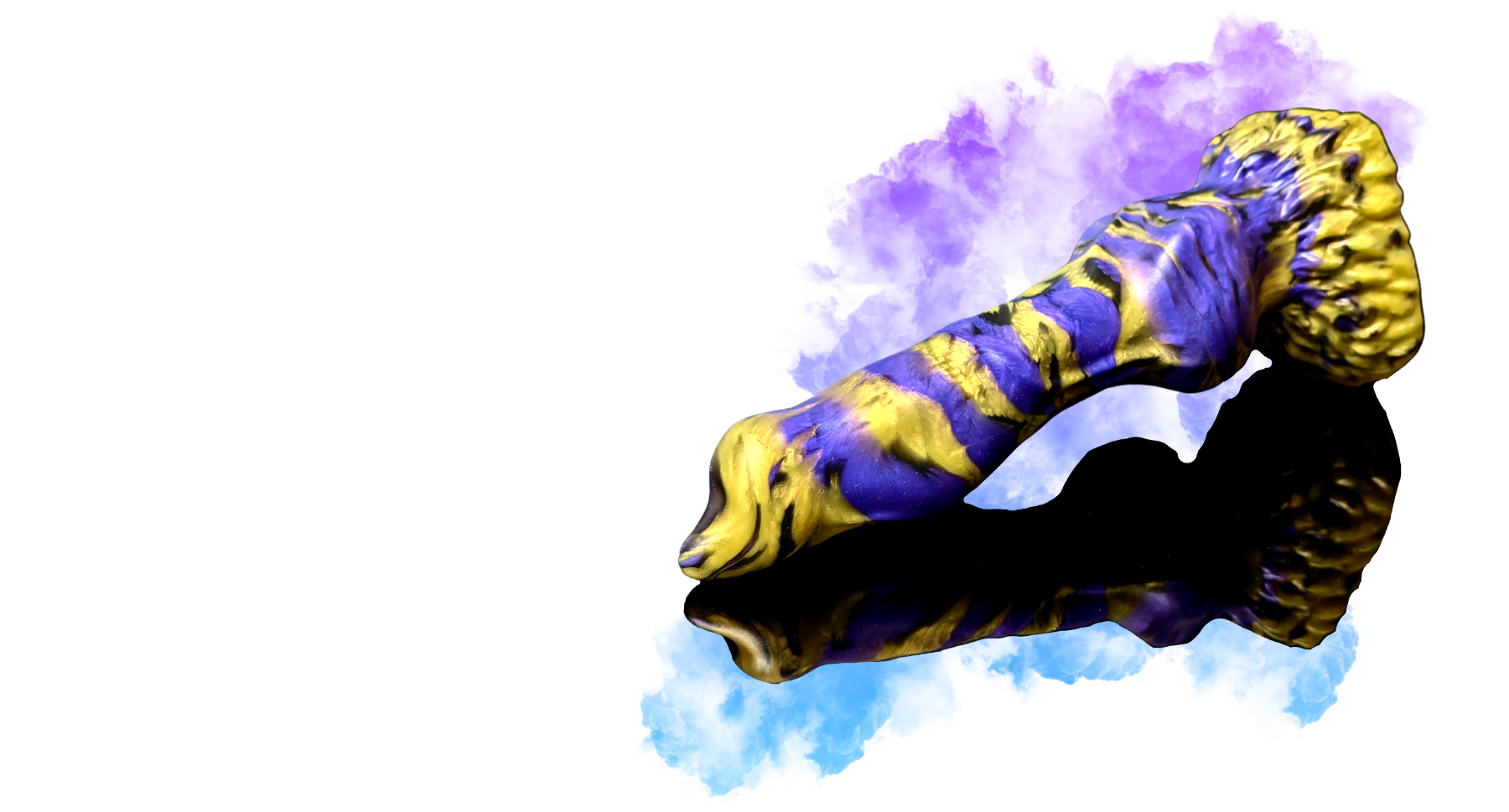Marble color Cerberus dog dick dildo on a reflective surface with a blue and purple smokey background.