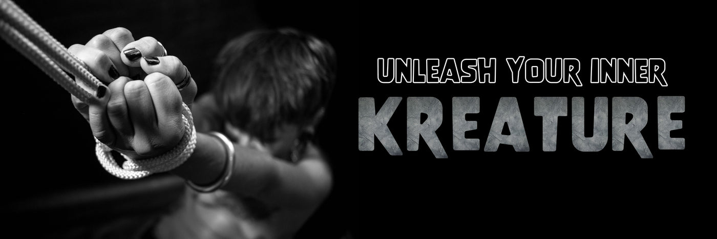 black and white image of person tied up in rope bondage with phrase "unleash your inner kreature" to the right