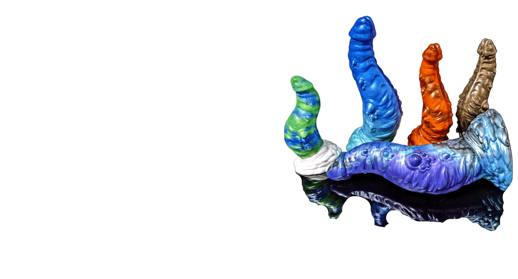 Five sizes and styles of Cthulhu tentacle dildo arranged on a reflective surface.